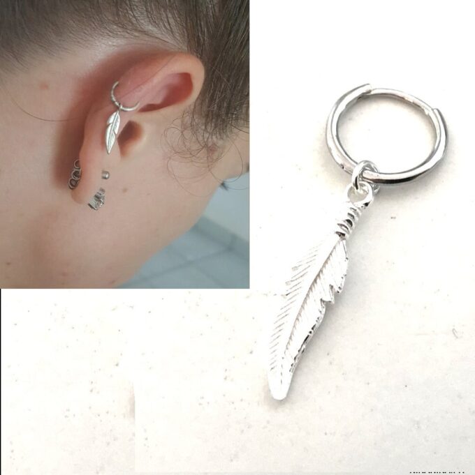 N7617f Boucle d'Oreille Cartilage Femme Plume Argent 925 - Bijoux Boucles d'oreilles en ligne Ninanina