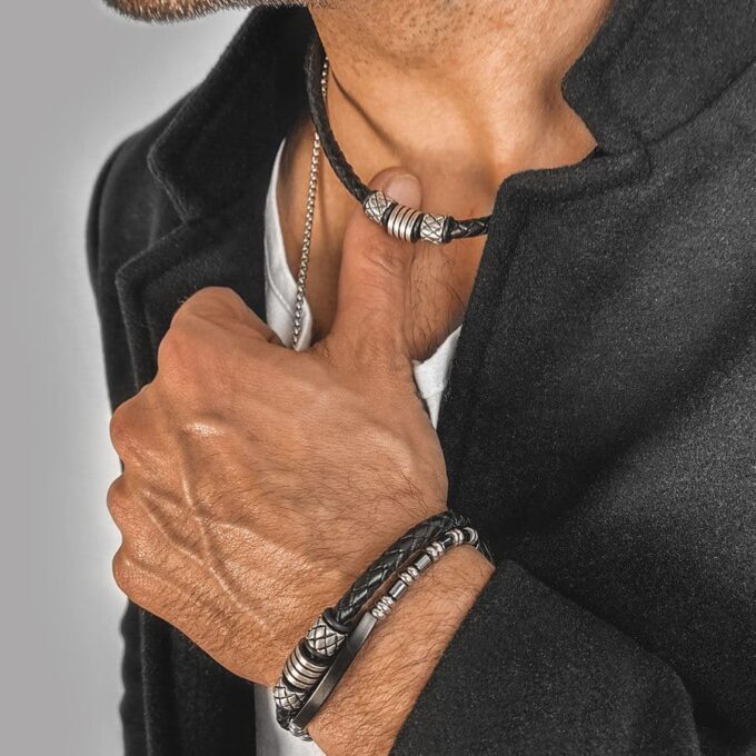 N7661d Bracelet cuir homme luxe tressé Acier Inoxydable - Bijoux Bracelets en ligne Ninanina