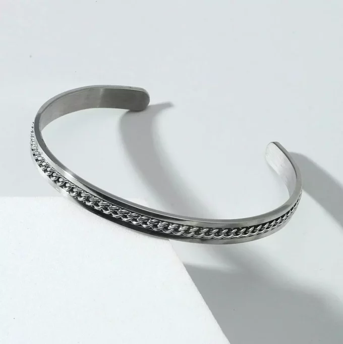 N7719a Bracelet rigide Homme chaine Acier inoxydable argenté - Bijoux Bracelets en ligne Ninanina