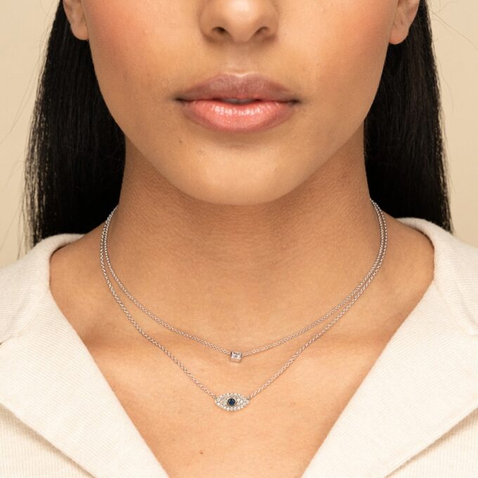 N7725a Collier oeil bleu femme porte bonheur Argent plaqué Or - Bijoux Colliers en ligne Ninanina