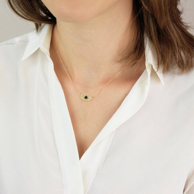 N7725c Collier oeil bleu femme porte bonheur Argent plaqué Or - Bijoux Colliers en ligne Ninanina