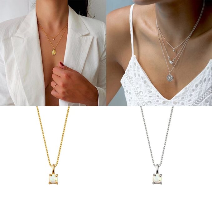 N7726d Collier Opale blanche pendentif serti Argent plaqué Or - Bijoux Colliers en ligne Ninanina