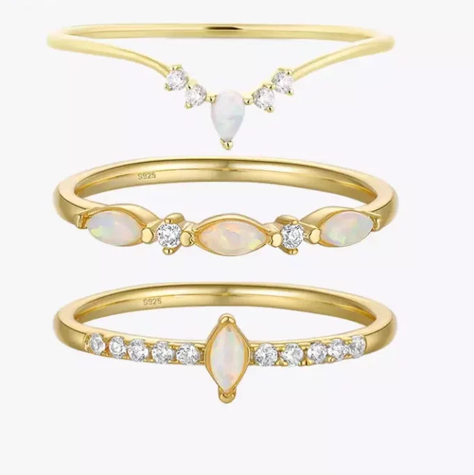 N7730c Bague en Opale naturelle et zirconium forme marquise Argent 925 plaqué or - Bijoux Bagues en ligne Ninanina