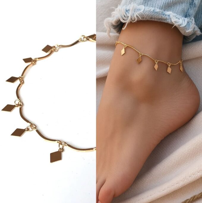 N7746 Bracelet de cheville boheme chic losange en laiton doré - Bijoux de pieds en ligne Ninanina