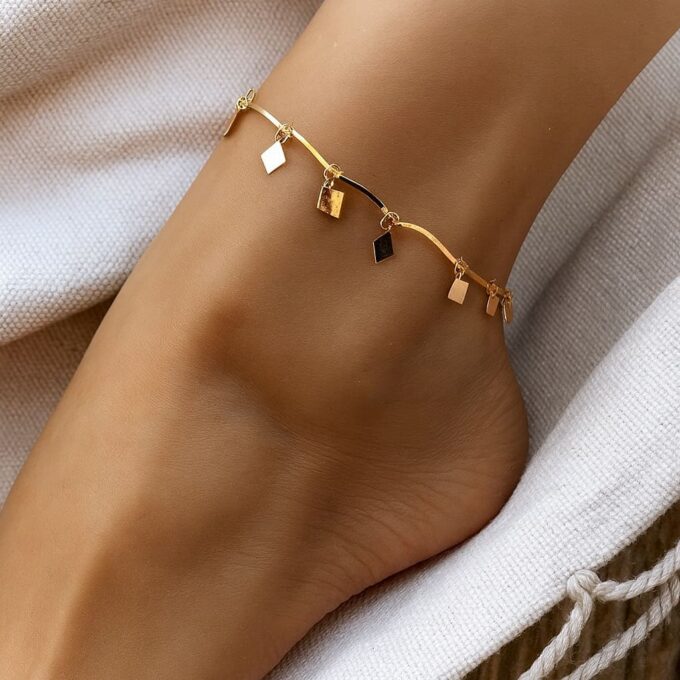 N7746b Bracelet de cheville boheme chic losange en laiton doré - Bijoux de pieds en ligne Ninanina