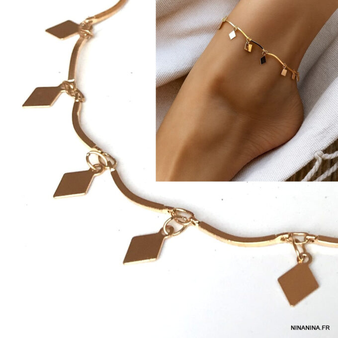 N7746c Bracelet de cheville boheme chic losange en laiton doré - Bijoux de pieds en ligne Ninanina