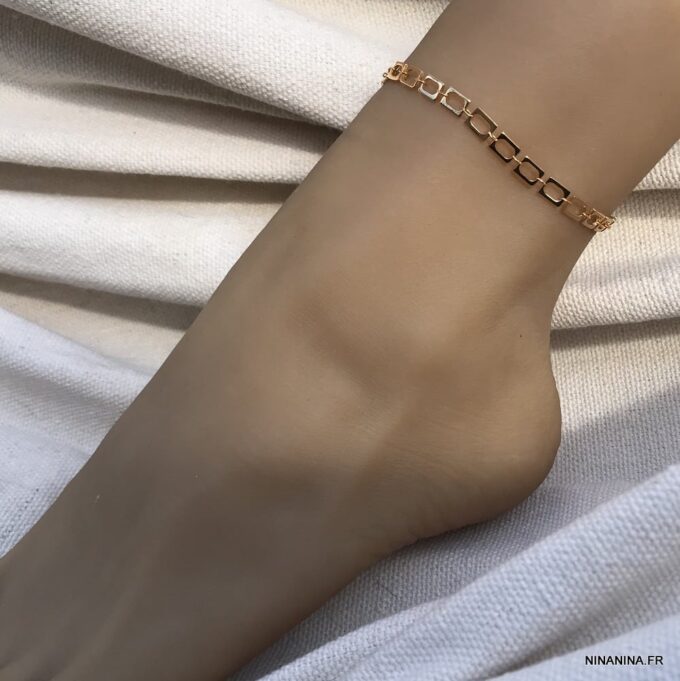 N7772 Bracelet de cheville grande taille maillon rectangle doré - Bijoux de pieds en ligne Ninanina
