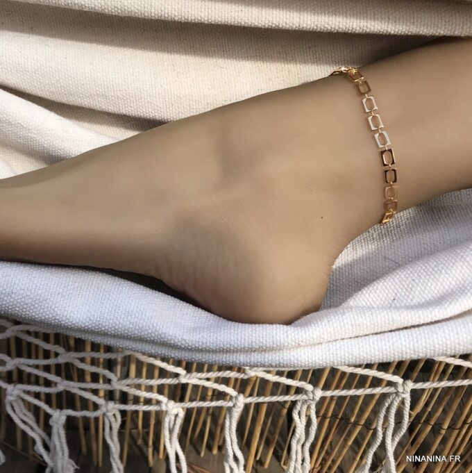 N7772b Bracelet de cheville grande taille maillon rectangle doré - Bijoux de pieds en ligne Ninanina