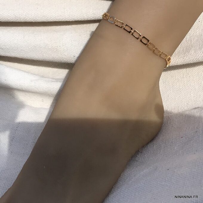 N7772c Bracelet de cheville grande taille maillon rectangle doré - Bijoux de pieds en ligne Ninanina
