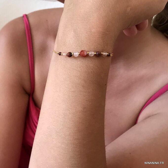 N7754c Bracelet Quartz Rose et Grenat Rouge fin Plaqué Or - Bijoux Bracelets en ligne Ninanina