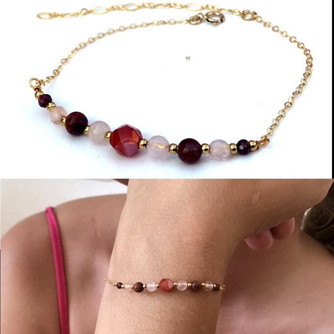 N7754f Bracelet Quartz Rose et Grenat Rouge fin Plaqué Or - Bijoux Bracelets en ligne Ninanina