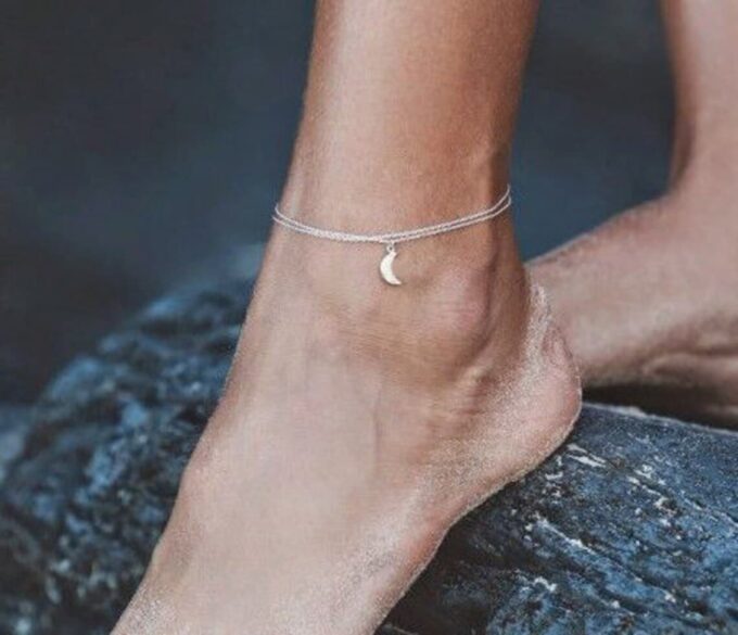 N7773b Chaînette de cheville double croissant de lune Argent - Bijoux de pieds en ligne Ninanina