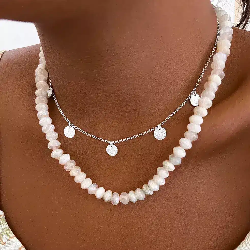 Collier Femme Acier Doré - Pierre Naturelle en Jade Blanche