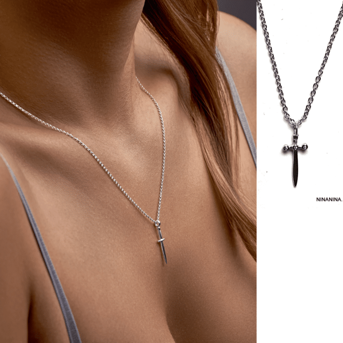 N7789b Collier Epée Femme Sur Chainette Argent 925 Massif - Bijoux Colliers en ligne Ninanina