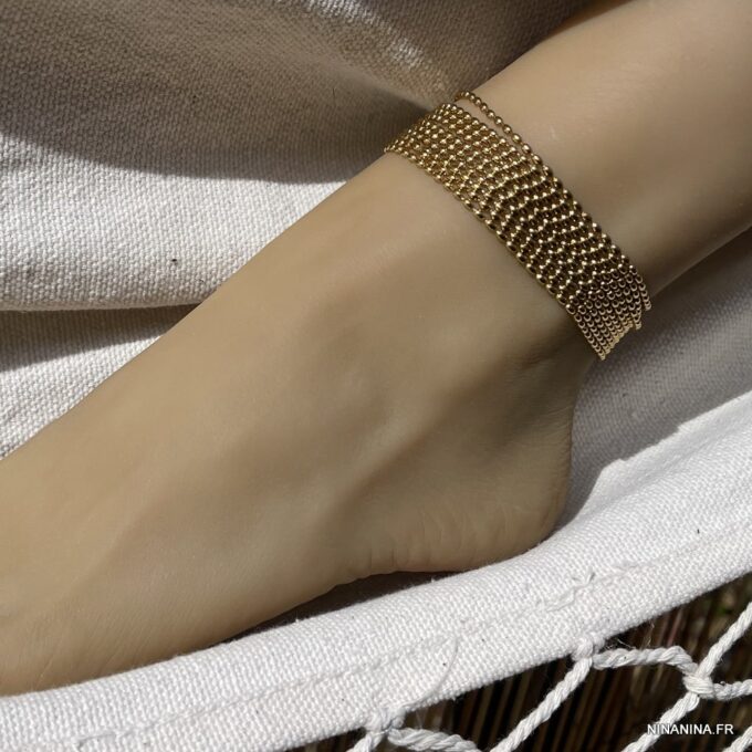 N7800b Bracelet pour la cheville multi-rang acier inoxydable doré - Bijoux de pieds en ligne Ninanina