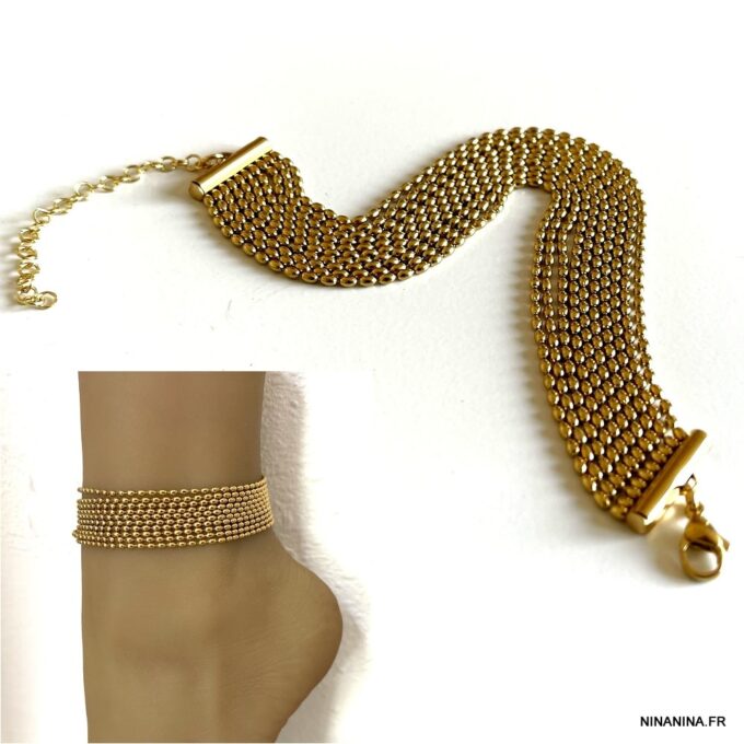 N7800c Bracelet pour la cheville multi-rang acier inoxydable doré - Bijoux de pieds en ligne Ninanina