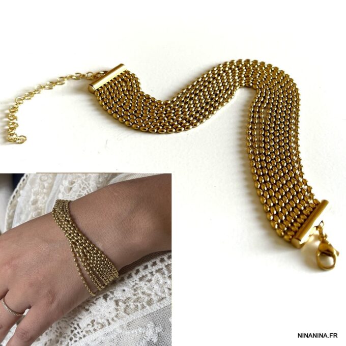 N7802a Bracelet grain de riz multi-rang acier inoxydable doré - Bijoux Bracelets en ligne Ninanina