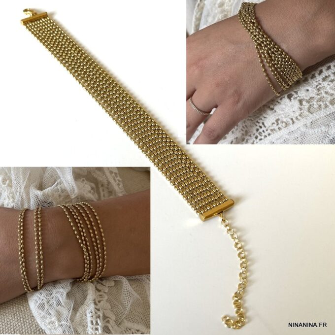 N7802d Bracelet grain de riz multi-rang acier inoxydable doré - Bijoux Bracelets en ligne Ninanina