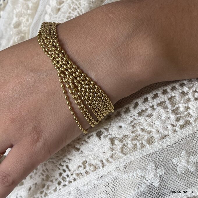 N7802i Bracelet grain de riz multi-rang acier inoxydable doré - Bijoux Bracelets en ligne Ninanina