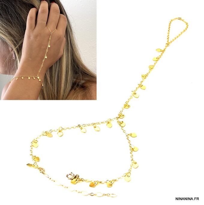 N7813c Bracelet bague chaîne main coeur Plaqué Or 14 Carats - Bijoux Bracelets en ligne Ninanina