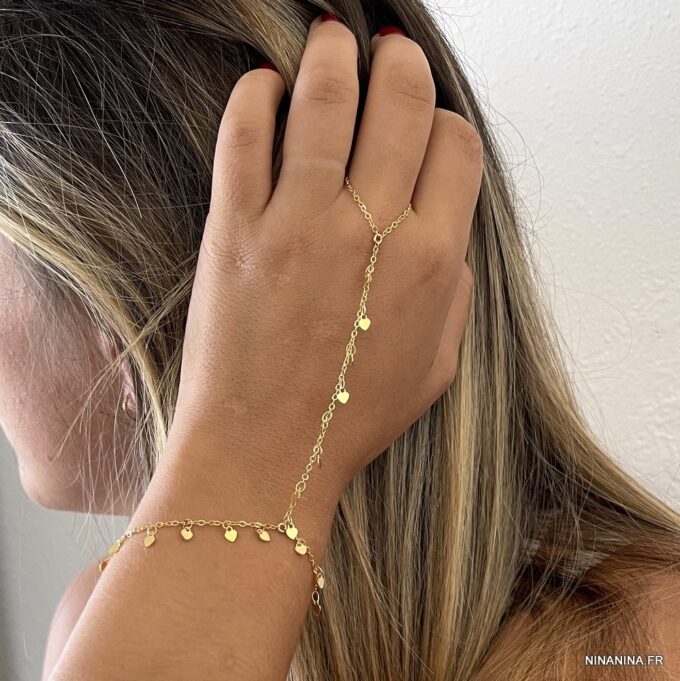 N7813d Bracelet bague chaîne main coeur Plaqué Or 14 Carats - Bijoux Bracelets en ligne Ninanina