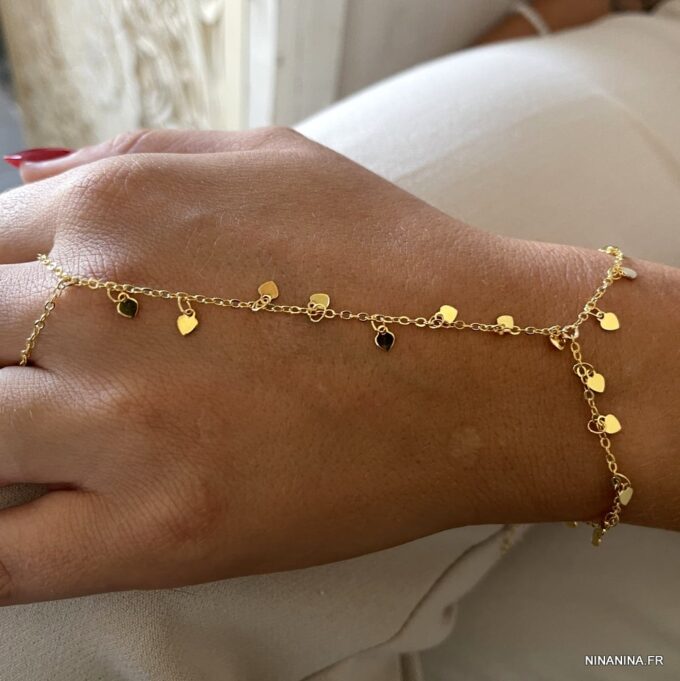 N7813g Bracelet bague chaîne main coeur Plaqué Or 14 Carats - Bijoux Bracelets en ligne Ninanina