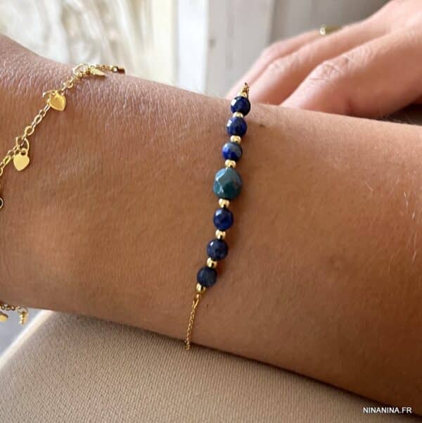 Bracelet Extensible USA En Lapis Lazuli Bleu - 1,5 Cm De Large, Occasion (une Pièce Manquante)