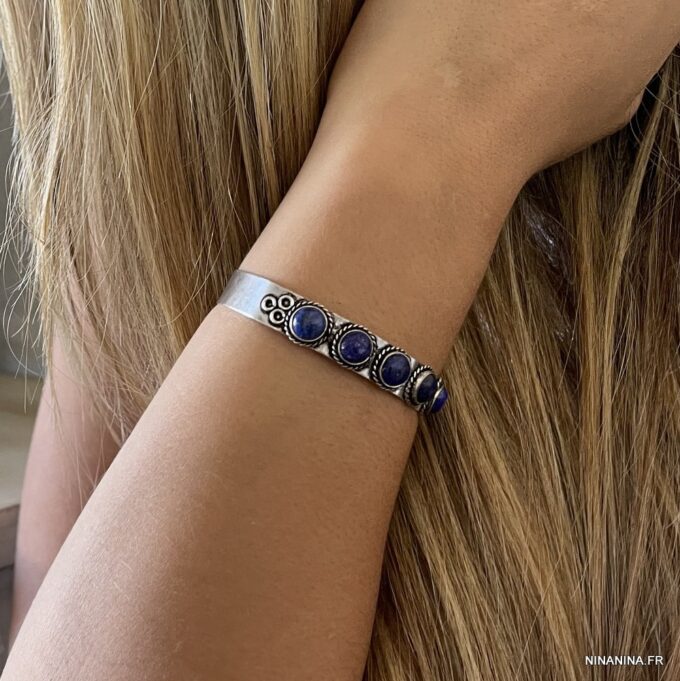 N7816a Bracelet Lapis Lazuli Manchette cabochons Pierre Bleue - Bijoux Bracelets en ligne Ninanina