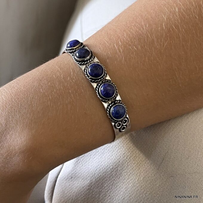 N7816c Bracelet Lapis Lazuli Manchette cabochons Pierre Bleue - Bijoux Bracelets en ligne Ninanina