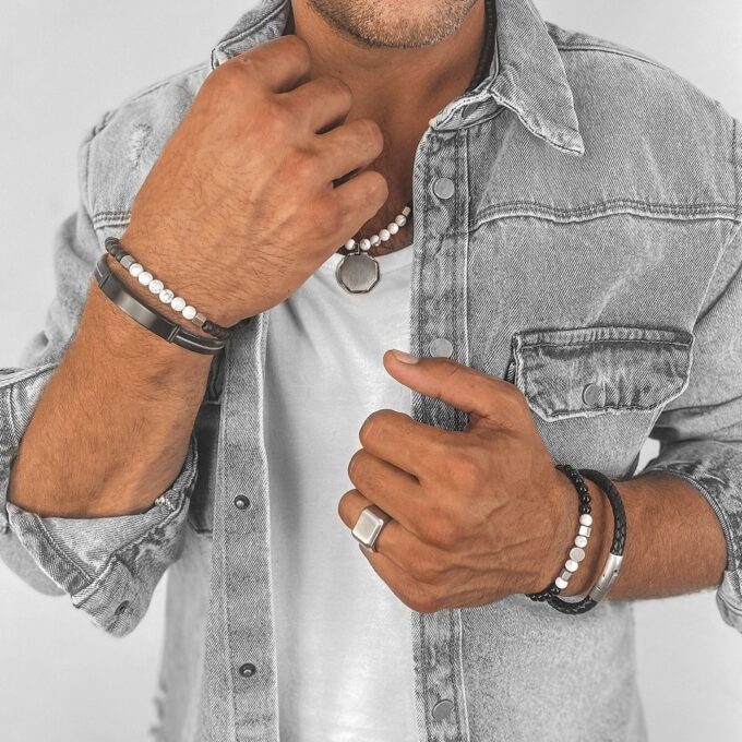 N7828f Bracelet en cuir tresse pour homme Acier Inoxydable - Bijoux Bracelets en ligne Ninanina