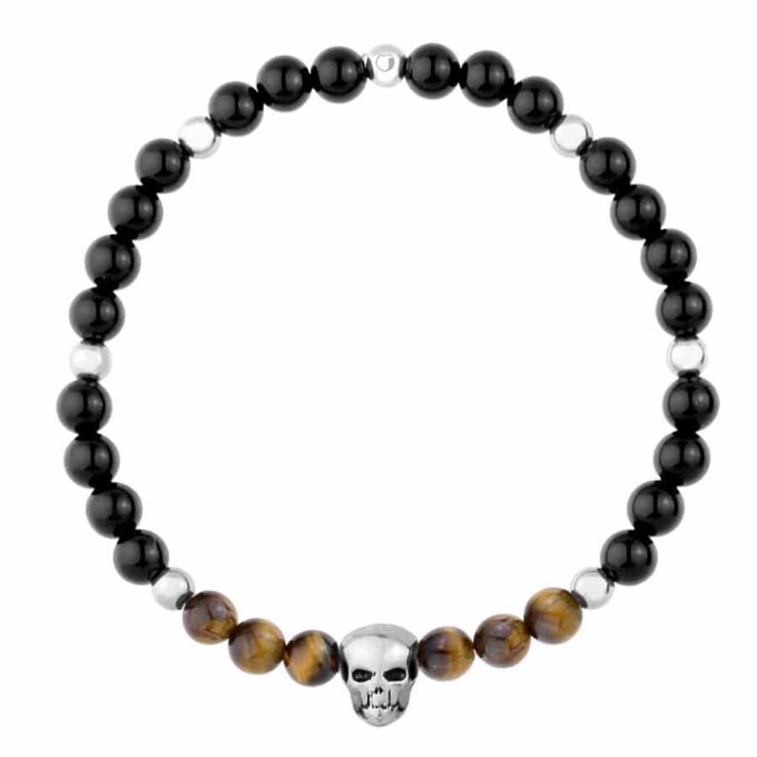 N7834 Bracelet homme perle tete de mort oeil de tigre et onyx - Bijoux Bracelets en ligne Ninanina