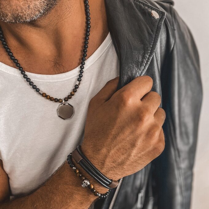 N7834a Bracelet homme perle tete de mort oeil de tigre et onyx - Bijoux Bracelets en ligne Ninanina