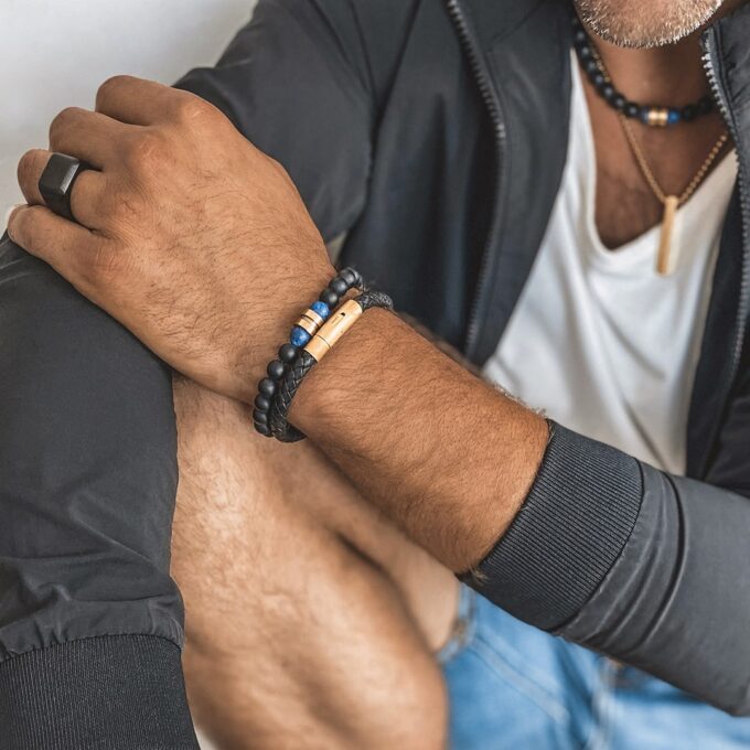 N7829d Bracelet cuir tressé pour homme Acier Inoxydable doré - Bijoux Bracelets en ligne Ninanina