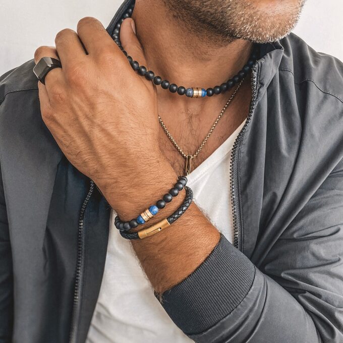 N7829f Bracelet cuir tressé pour homme Acier Inoxydable doré - Bijoux Bracelets en ligne Ninanina