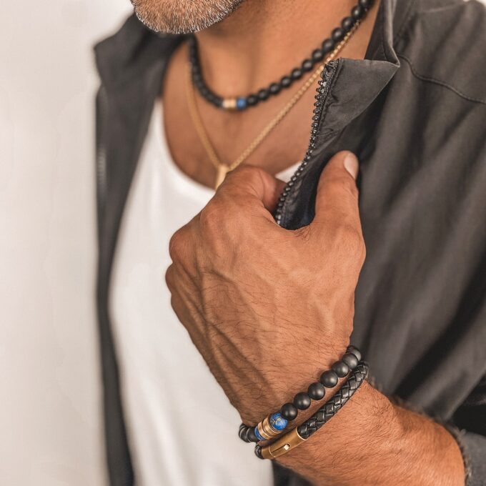 N7829g Bracelet cuir tressé pour homme Acier Inoxydable doré - Bijoux Bracelets en ligne Ninanina