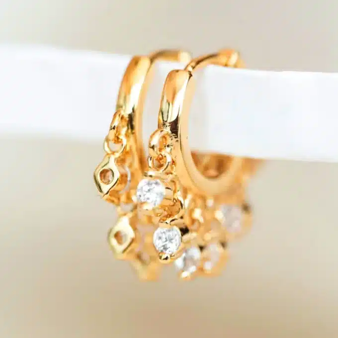 N7846 Mini creoles plaqué or sur Argent - Boucles d'oreilles pampille ronde zirconium - Bijoux d'oreille en ligne Ninanina