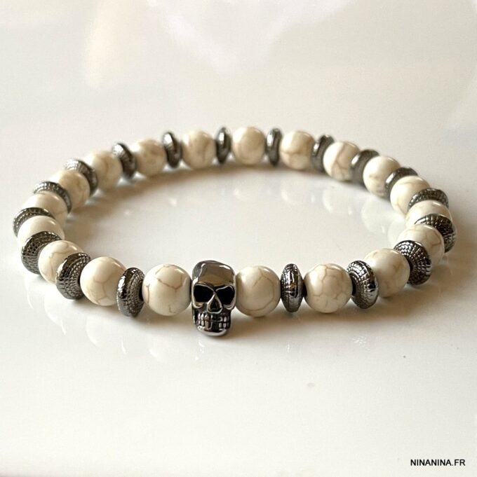 N7903a Bracelet Skull Acier Inoxydable perles howlite blanche - Bijoux Bracelets en ligne Ninanina