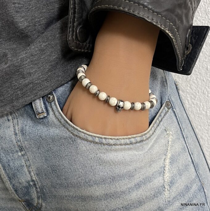 N7903c Bracelet Skull Acier Inoxydable perles howlite blanche - Bijoux Bracelets en ligne Ninanina