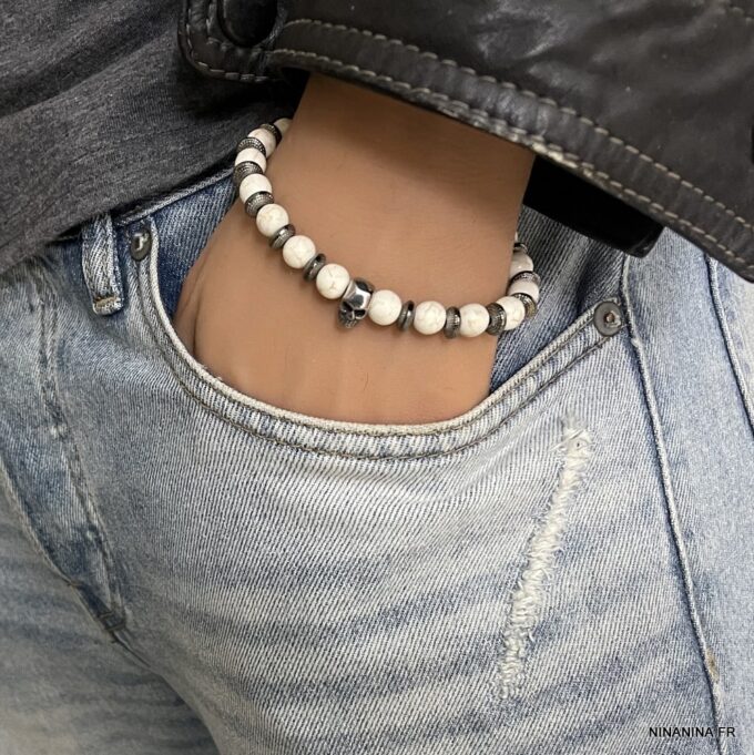 N7903e Bracelet Skull Acier Inoxydable perles howlite blanche - Bijoux Bracelets en ligne Ninanina