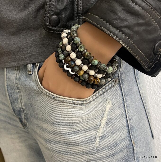 N7903f Bracelet Skull Acier Inoxydable perles howlite blanche - Bijoux Bracelets en ligne Ninanina