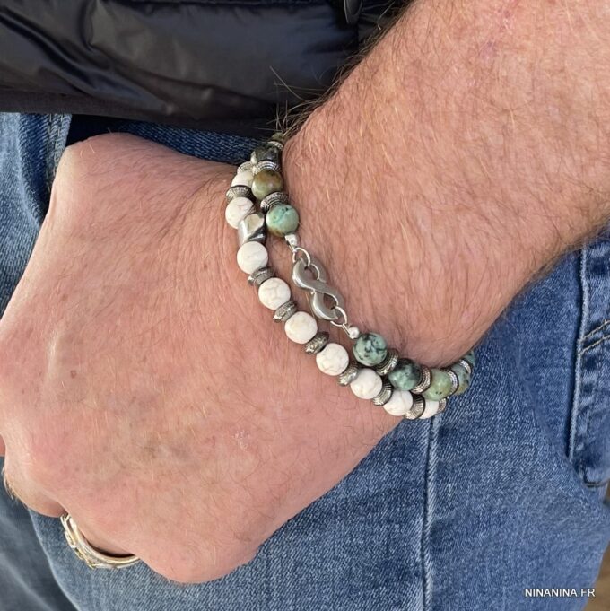 N7903g Bracelet Skull Acier Inoxydable perles howlite blanche - Bijoux Bracelets en ligne Ninanina