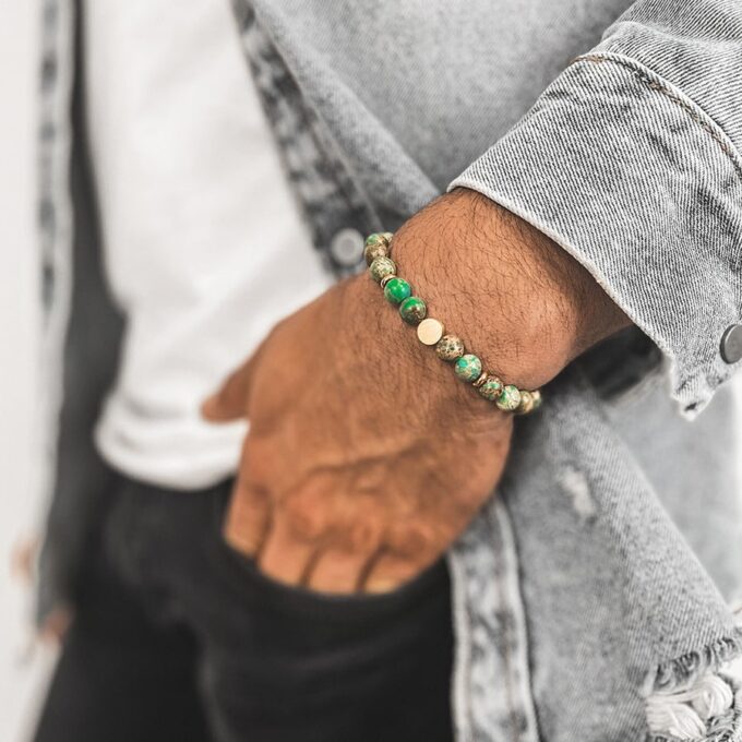 N7847b Bracelet Jaspe Vert Homme Perle 8mm Hématite doré - Bijoux Bracelets en ligne Ninanina