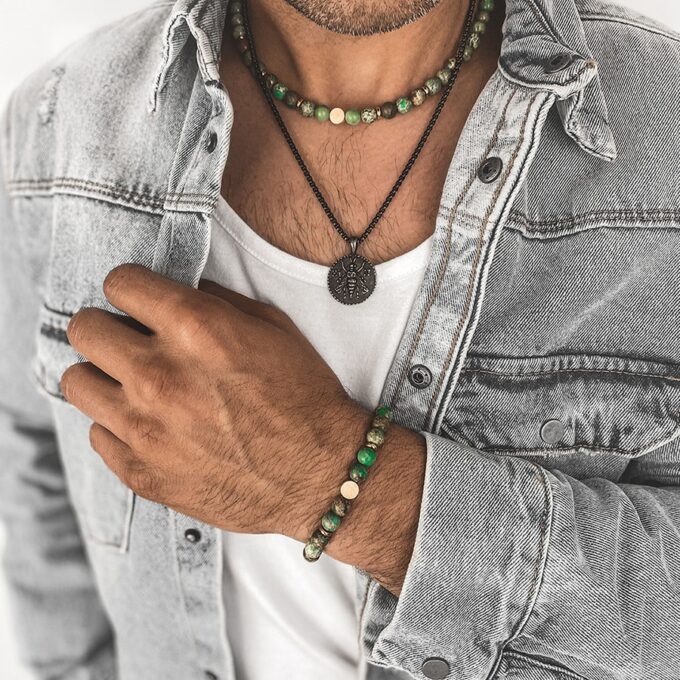 N7847e Bracelet Jaspe Vert Homme Perle 8mm Hématite doré - Bijoux Bracelets en ligne Ninanina