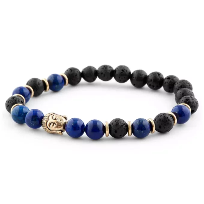 N7849b Bracelet Bouddha Porte Bonheur Acier Doré Pierre De Lave - BijouxBracelets en ligne Ninanina