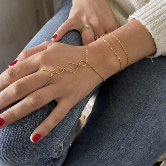 N7857 Bracelet Bague 3 Rangs Acier Inoxydable Doré Losange - Bijoux Bracelets en ligne NINANINA