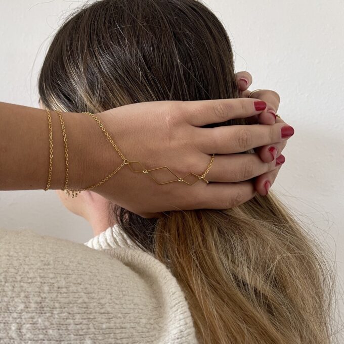 N7857b Bracelet Bague 3 Rangs Acier Inoxydable Doré Losange - Bijoux Bracelets en ligne NINANINA