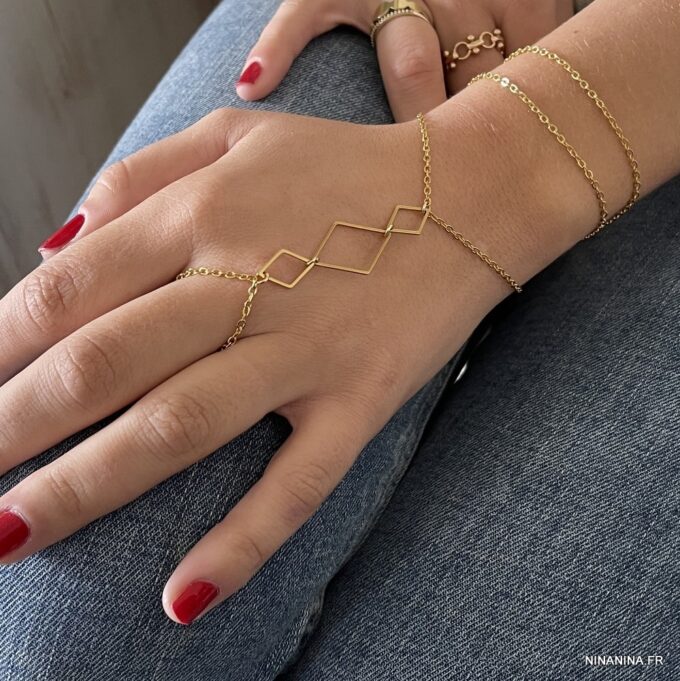 N7857d Bracelet Bague 3 Rangs Acier Inoxydable Doré Losange - Bijoux Bracelets en ligne NINANINA