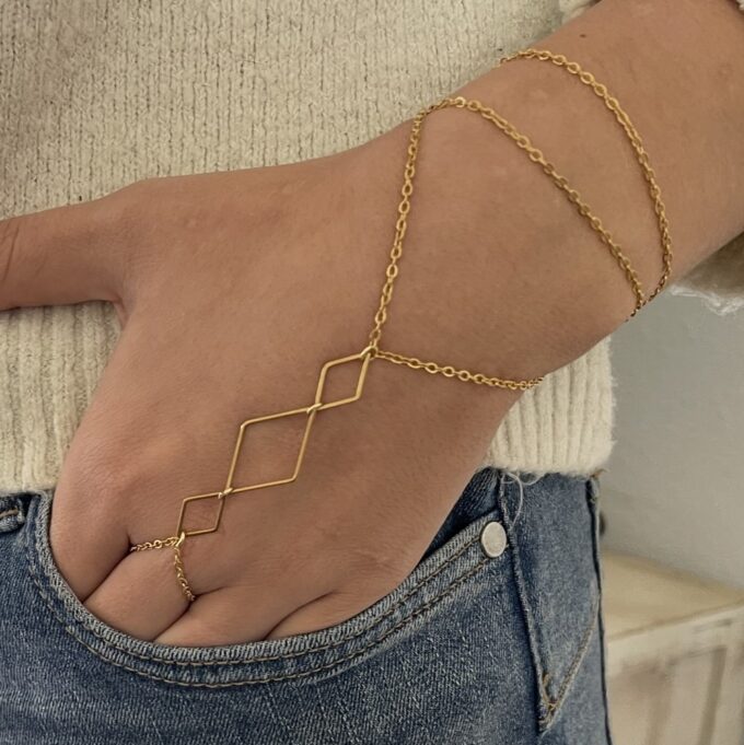 N7857f Bracelet Bague 3 Rangs Acier Inoxydable Doré Losange - Bijoux Bracelets en ligne NINANINA