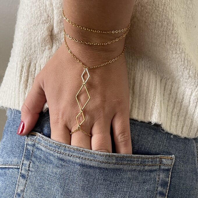 N7857i Bracelet Bague 3 Rangs Acier Inoxydable Doré Losange - Bijoux Bracelets en ligne NINANINA