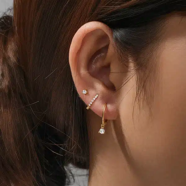 Ensemble Boucles D Oreilles 3 Trous Plaqué Or Zircone Ninanina